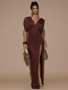 SHEIN BAE Gaun Musim Gugur Musim Dingin Cokelat Leher V Dalam Lengan Mengembang Berkerut Belahan Ramping untuk Pesta Makan Malam Thanksgiving - Purple - View 4