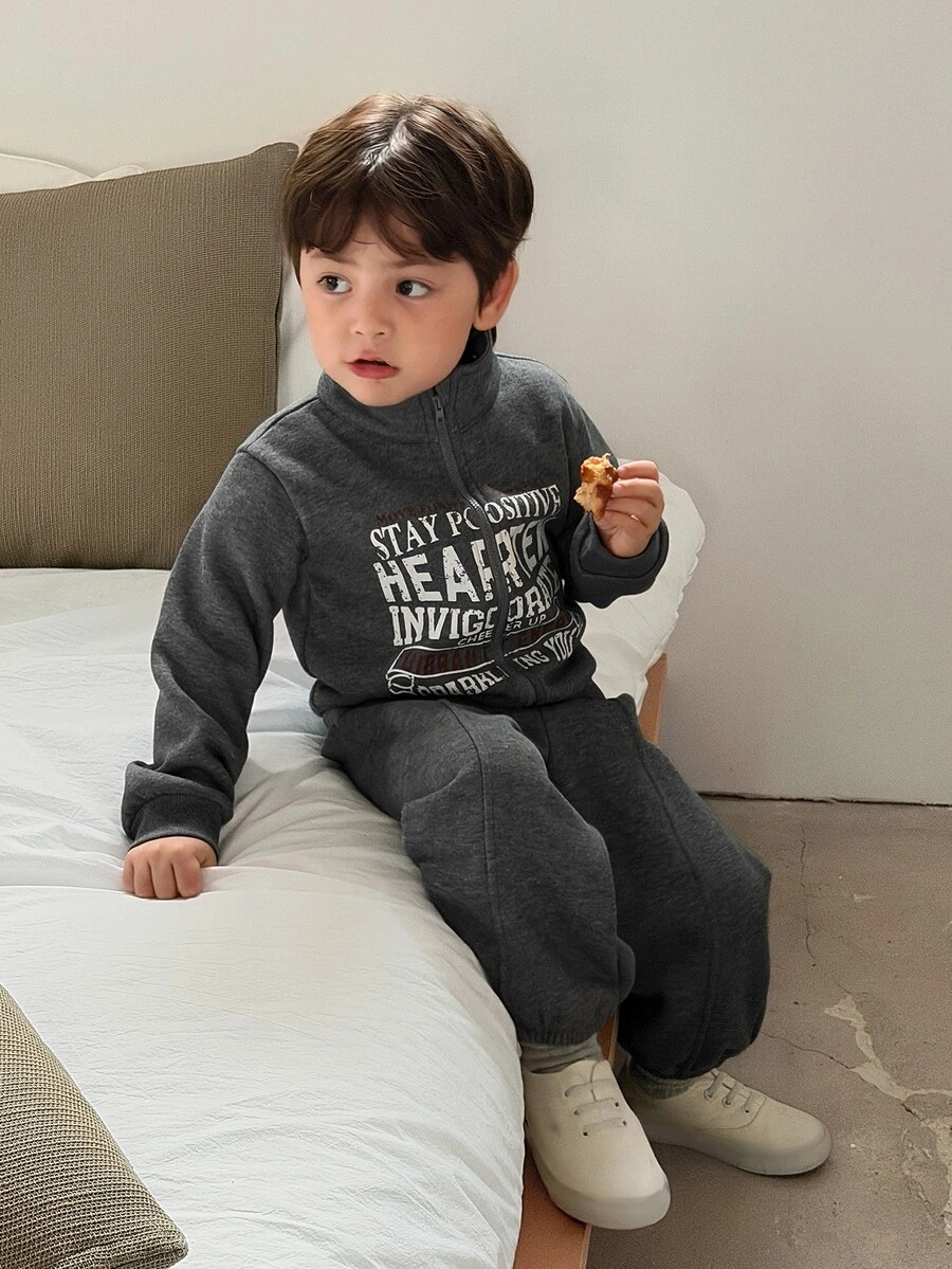 DAZY Baby Boy Slogan Print Zip-Up Jacket And Long Pants Casual Set Fall - Grey - View 1