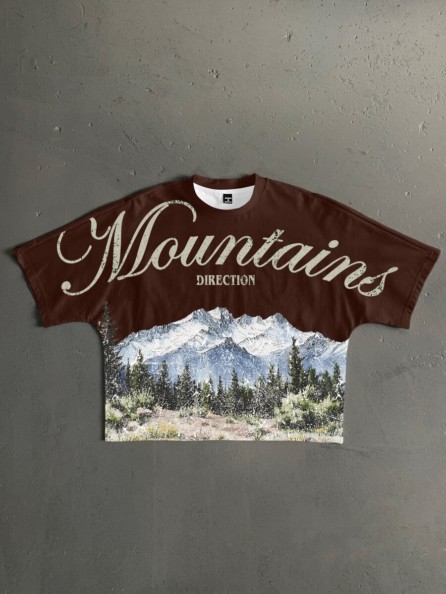 StoneGrade Men's Letter & Mountain Print Crew Neck Loose Cropped Batwing Short Sleeve Casual T-Shirt - Brown - View 1