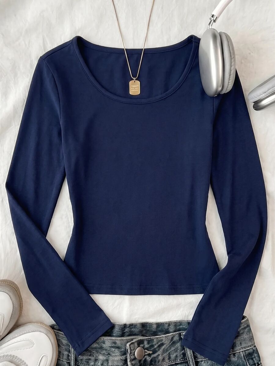 SHEIN Kids Tween Girls Knit Solid Blue Round Neck Ruched Lace Patchwork Long Sleeve T-Shirt - Navy Blue - View 1