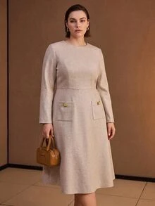 MOTF PREMIUM PLUS SIZE WOMEN'S LONG SLEEVE MID-LENGTH DRESS, AUTUMN/WINTER - Khaki - View 6