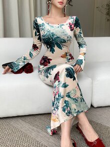 DAZY Elegant Slim-Fit Flattering Print Midi Dress For Women Vacation - Multicolor - View 5