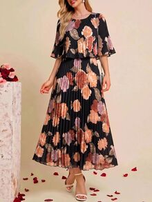 Amorya 女款優雅派對花卉印花百褶洋裝 - 黑色 - 查看 4