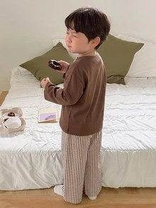 DAZY Baby Boys Round Neck Korean Style Long Sleeve Top And Striped Long Pants 2 Pieces Set Loungewear - Khaki - View 3