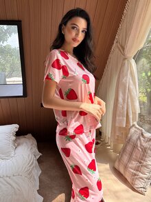 Dream Adore Women's Strawberry Print Short Sleeve Top And Long Pants Pajama Set - Multicolor - View 4