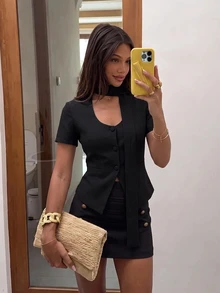 Siren Gaze Neuer Damen-Blazer mit Taillierung und kurzen Ärmeln, für Lehrerinnen, Business, Alltag, Büro, Brunch, Schwarz, Sommer, Lässig, Elegant - Schwarz - Übersicht 11