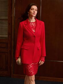 MOTF PREMIUM WOMEN'S ELEGANT DELICATE LACE DRESS AND BLAZER 2 PIECES SET - Red - View 9