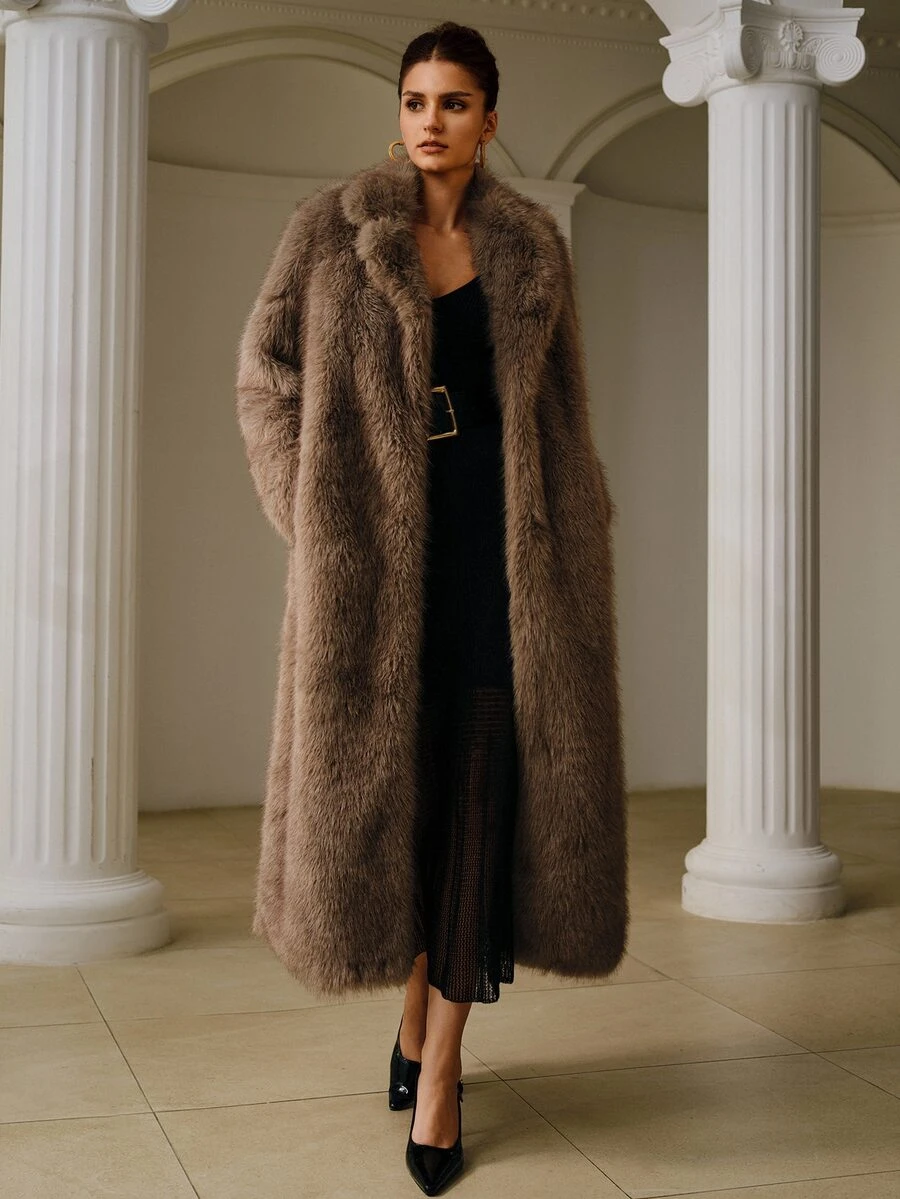 ZEYLAH Faux Fur Oversized Lapel Long Shaggy Coat - Light Grey - View 1