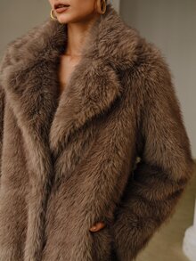 ZEYLAH Faux Fur Oversized Lapel Long Shaggy Coat - Light Grey - View 2