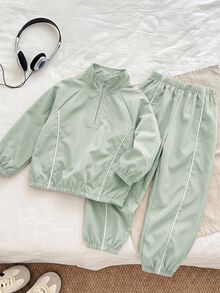SHEIN 兒童男童2件套休閒長袖立領裝飾半拉鍊秋冬夾克與彈性腰長褲套裝，抓絨加厚 - 綠色 - 查看 3