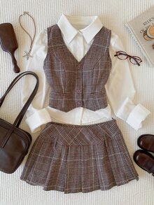 Comfortcana Plaid Tweed Back To School Academy Vest And Pleated Skirt Set - Multicolor - View 3