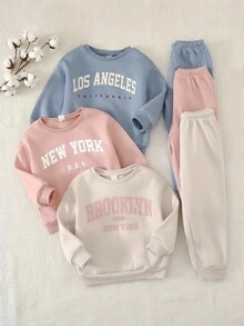 Cozy Pixies 女童 Young Girl 圖案軟綿圓領長袖套頭運動衫＋鬆緊腰長褲 6件套，百搭舒適，適合秋冬 - 霧霾藍 - 查看 1