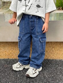SHEIN 兒童小男孩休閒日常穿著工裝牛仔長褲，附口袋與鈕扣 - 深色水洗藍 - 查看 7