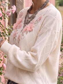 SHEIN Holidaya Sweater Lengan Panjang Wanita dengan Motif Bunga 3D Romantis dan Bahu Jatuh - Putih - View 7