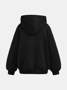 SHEIN Girlism 青少年女孩黑色休閒連帽衛衣，秋冬款，附口袋，十字設計，百搭長袖套頭衫，英文標語灰色 - 黑色 - 查看 2