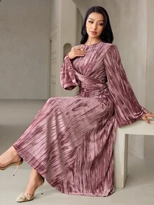 Veilorie فستان نسائي أنيق بتصميم عربي بياقة دائرية وأكمام واسعة وتصميم متقاطع عند الخصر - وردي - مشاهدة 1