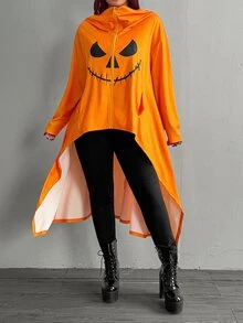 Whyspr Plus Size Halloween Pumpkin Graphic Print Jacket Fall - Orange - View 3