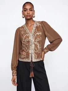 Maija Women's Casual Sequin Embroidered Patchwork Shirt, Autumn - Brown - View 2