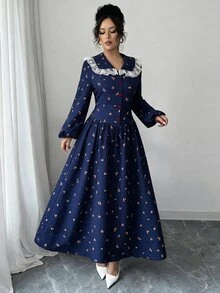 Modelyn 女款海軍藍小碎花印花蕾絲娃娃領前開鈕扣主教袖收腰A字喇叭裙擺中長洋裝，復古田園風，適合秋季感恩節 - 藏蓝色 - 查看 3