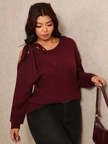 Elaquor Plus Size Autumn/Winter Casual Solid Color Hollow Out Lace-Up Sweater - Burgundy - View 1