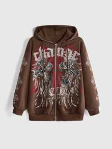 ROMWE Grunge Punk Women's Vintage Y2K Vine Cross Punk Open Front Loose Sweatshirt - Coffee Brown - View 1