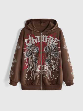 Grunge Punk Sudadera holgada de mujer estilo vintage Y2K con estampado de enredadera y cruz, punk, con abertura frontal
