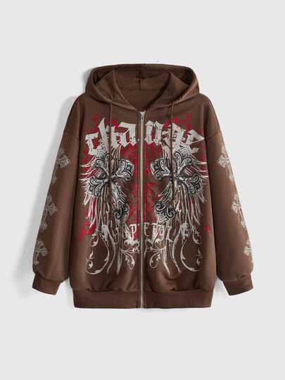 Grunge Punk Damen Vintage Y2K Reben Kreuz Punk Offene Front Lockerer Sweatshirt