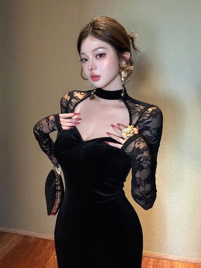 DAZY 女款對比蕾絲長袖鏤空設計修身優雅中長洋裝