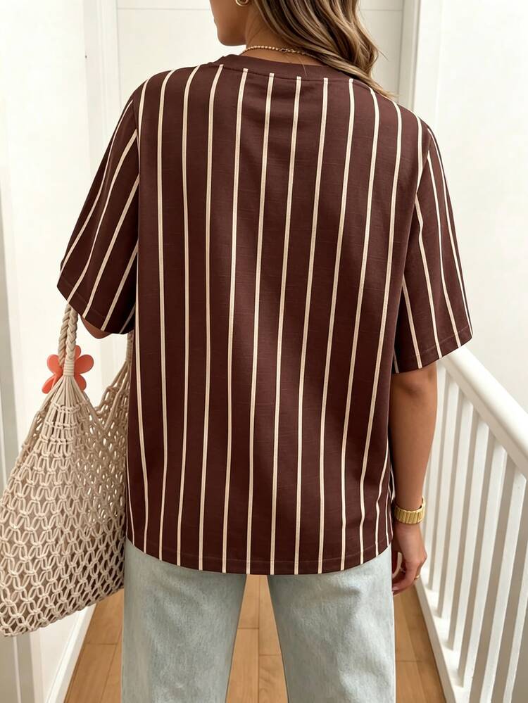 Breezaya Striped Casual Vacation Short Sleeved T-Shirt, Plus Size Women's T-Shirt - Multicolor - View 2