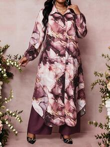 SHEIN Lady Plus Size Marble Print Shirt And Pants 2 Pieces Set - Multicolor - View 3