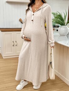 SHEIN Maternity Casual Solid Color Hooded Dress For Autumn - Apricot - View 1