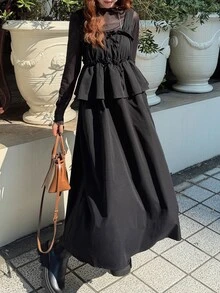 FRIFUL Women's Mesh Patchwork Pleated Casual Party Long Dress Vacation - Black - View 1