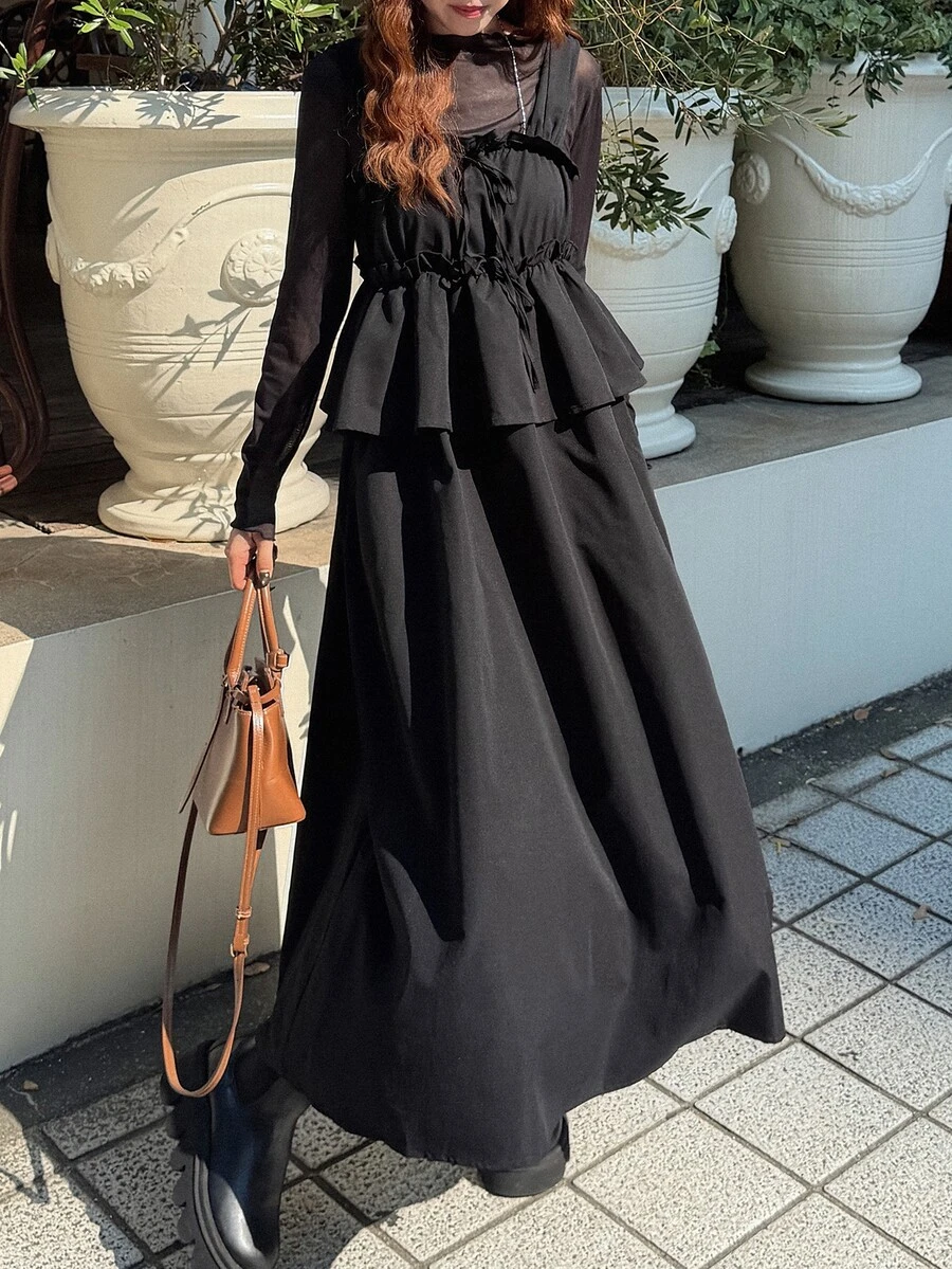 FRIFUL Women's Mesh Patchwork Pleated Casual Party Long Dress Vacation - Black - View 1