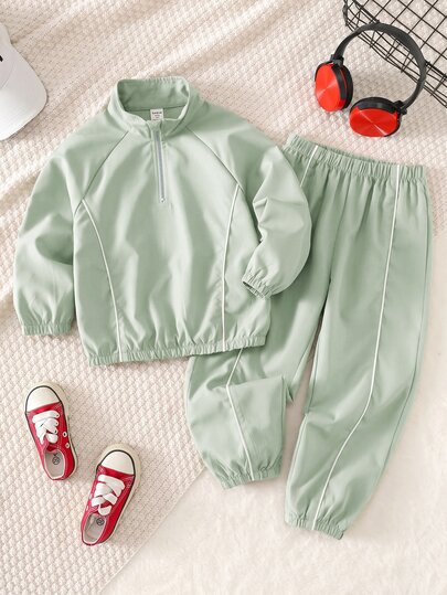 SHEIN Kids 2pcs Young Boys Casual Sleeve Long Sleeve Stand Collar Decorative Half-Zip Autumn Winter Jacket And Elastic Waist Long Pants Set,Fleece,Thickened