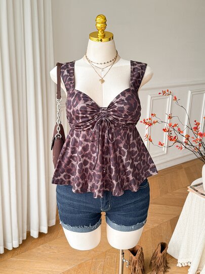 CovetEZ Plus Size Women's Casual Brown Leopard Print Stretch Top, Suitable For Daily Wear