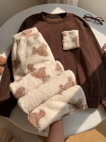 Comfortcana Women's Cartoon Bear Pocket Design Long Sleeve Top And Pants Casual 2 Pieces Set - Multicolor - View 6
