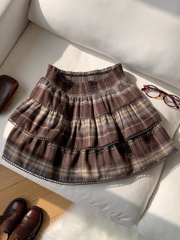 Comfortcana Women's Elastic Waist Plaid Ruffle Hem Skirt