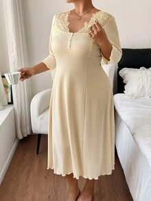 Napfluff CURVE Napfluff CURVE Plus Size V-Neck Nightgown With Heavy Floral Collar Decor, Lettuce Edge And Small Front Opening - Apricot - View 5