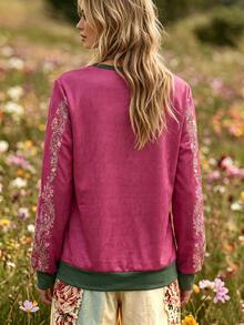 Balvessa Allover Floral Printed Contrast V-Neck Top, Retro Spliced Loose Casual Pullover Sweatshirt - Multicolor - View 2
