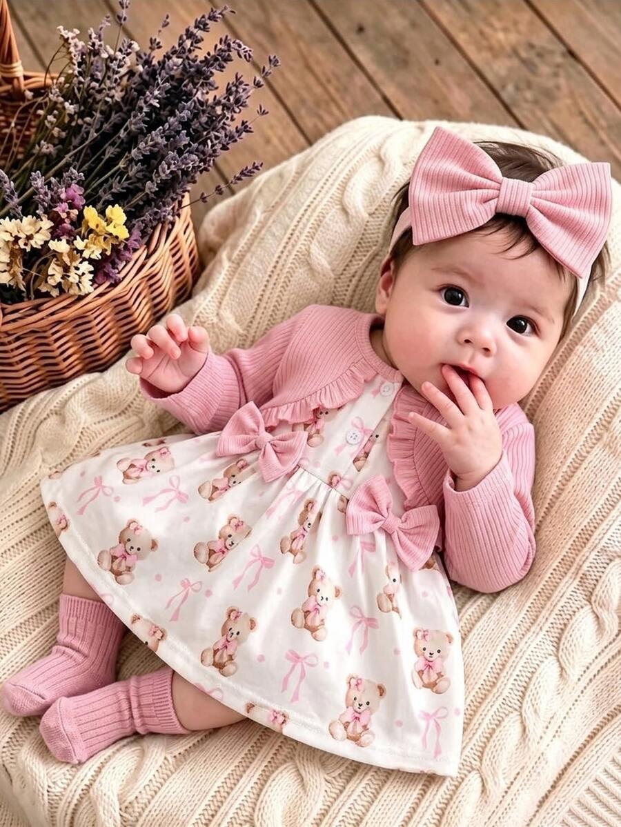 SHEIN 2 Pieces Fashion Leopard Print Baby Dress - Baby Pink - View 1