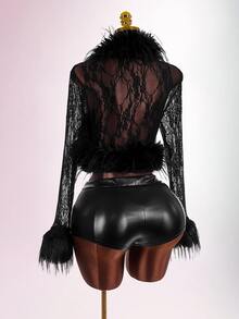 Amplova Ultra-Cropped Round Neck Lace Patchwork Faux Fur Contrast Color Women's Fitted Waist Party Banquet Graduation Season Jacket - Black - View 11