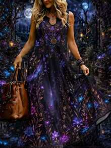 Breezaya Plus Size Women's Halloween Floral Print A-Line Dress - Multi-Color Dress, V-Neck Design, Sleeveless Party Dress, Elegant Bohemian Style, Suitable For Weddings, Holidays, Vacations, Beach And Party Occasions - Multicolor - View 3