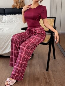 Napfluff Plaid Knit Short Sleeve Pajama Set, Casual Women's Loungewear - Burgundy - View 1