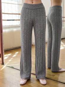 Livesso Women's Cable Knit Elastic Waist Casual Flare Leg Pants - Grey - View 5
