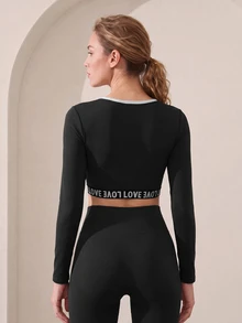Easithlete Easithlete Letter Tape Patchwork Cropped Sports T-Shirt - Charcoal Grey - View 2