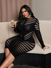 NU&NOW Women's Plus Size Sexy Hollow Out Fitted Dress Halloween Club Party Black Autumn Fall - Black - View 3