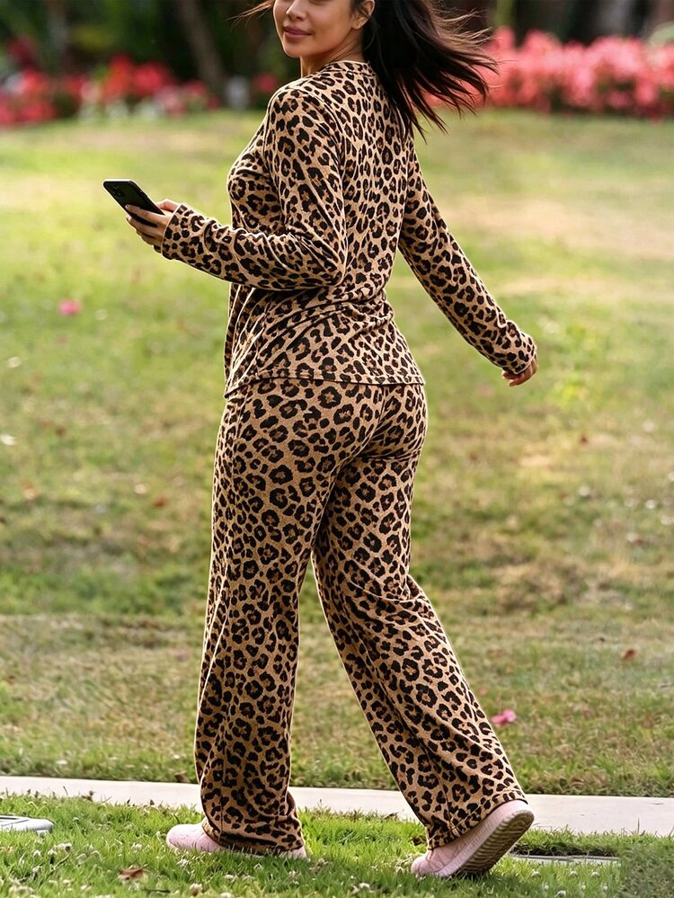 INAWLY Solva Setelan 2 Potong Atasan dan Celana Motif Leopard Gaya Musim Gugur - Khaki - View 4