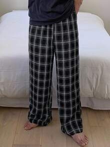 DAZY 男士春秋黑色格紋刷毛布料鬆緊腰長款居家休閒長褲 - 黑色 - 查看 1
