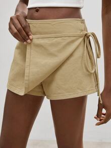 Maija Women's Side Slit Tie Design Casual Denim Skort Work Outfits For Women - Khaki - View 2