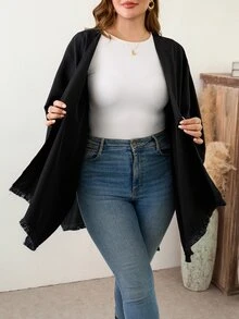EMERY ROSE Cardigan Syal Rumbai Modis Warna Polos Ukuran Plus Wanita - Hitam - View 6